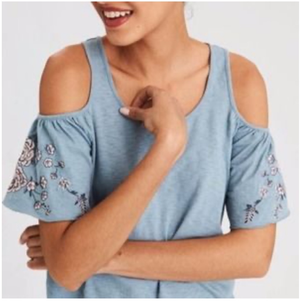 AEO Cold Shoulder top with embroidered short sleeves.